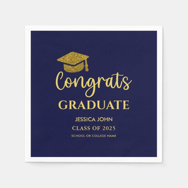 Navy Blue and Gold Congrats Graduate Graduation  Napkin (Front)