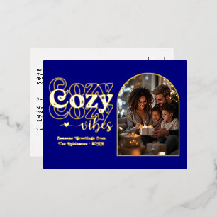 Navy Blue and Gold Cozy Vibes Retro Christmas Foil Holiday Postcard