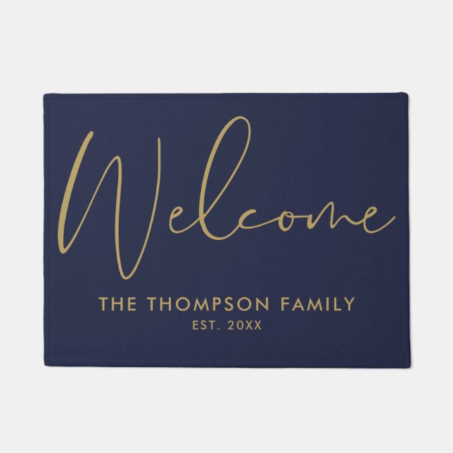 Navy Blue And Gold Custom Family Name Welcome Doormat (Front)