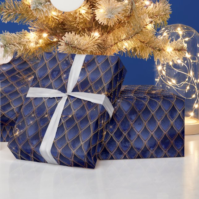 Navy Blue and Gold Dragon Scales Wrapping Paper (Holidays)
