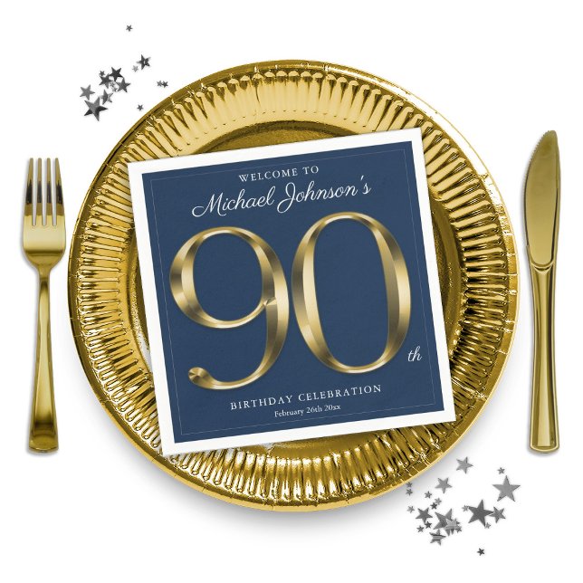 Navy Blue and Gold Elegant 90th Birthday  Napkin (Navy Blue and Gold Elegant 90th Birthday Napkins)