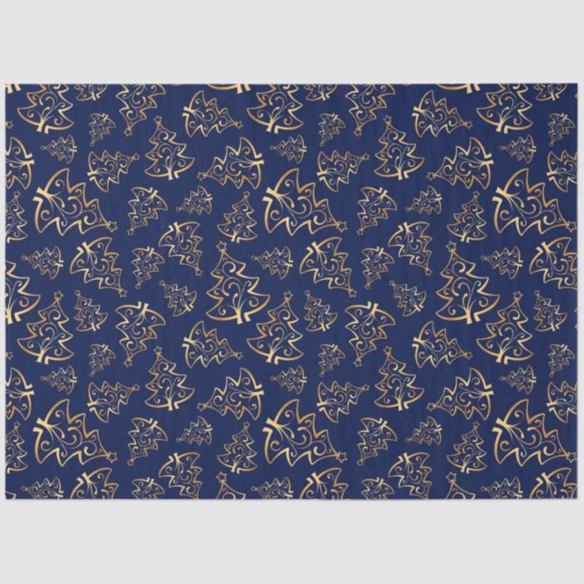 Navy Blue and Gold Elegant Christmas Trees Tissue Paper (Front)
