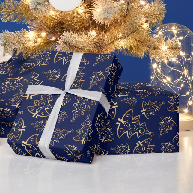 Navy Blue and Gold Elegant Christmas Trees Wrapping Paper (Holidays)
