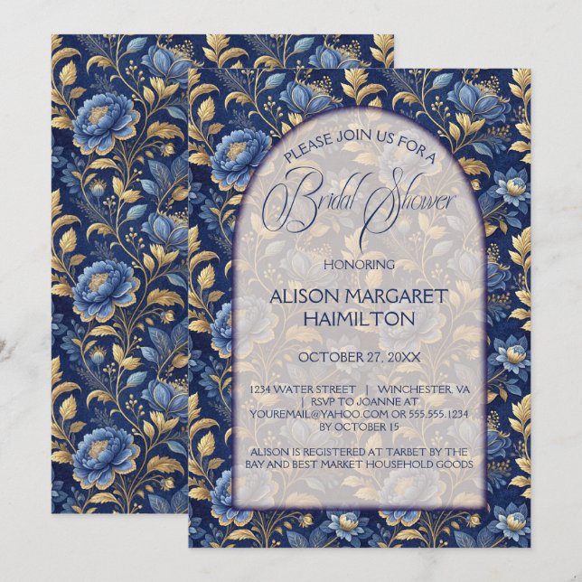 Navy Blue and Gold Elegant Floral Bridal Shower | Invitation (Front/Back)
