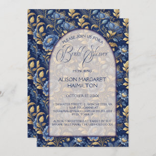 Navy Blue and Gold Elegant Floral Bridal Shower Invitation
