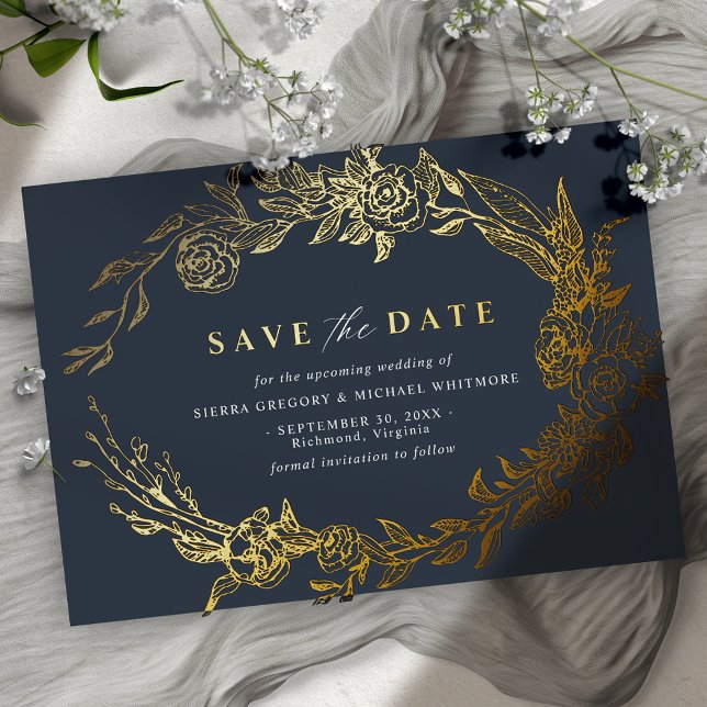 Navy Blue and Gold | Elegant Floral Save the Date (Creator Uploaded)