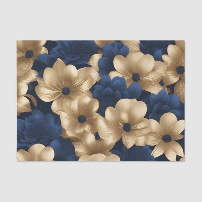 Navy Blue And Gold Elegant Floral Tissue Paper (Front)