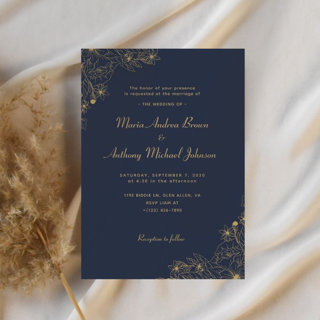 Navy Blue and Gold Elegant Floral Wedding Invitation (Creator Uploaded)