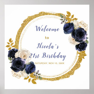 Navy Blue and Gold Elegant Flower Birthday Party Poster