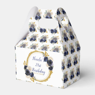 Navy Blue and Gold Elegant Flowers Birthday Favour Box