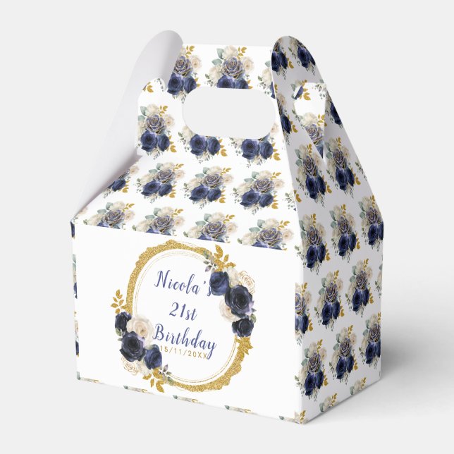 Navy Blue and Gold Elegant Flowers Birthday Favour Box (Front Side)