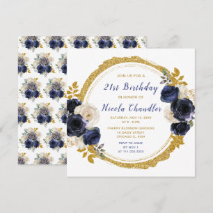 Navy Blue and Gold Elegant Flowers Birthday Party Invitation