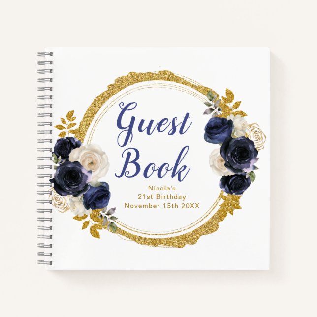 Navy Blue and Gold Elegant Flowers Birthday Party Notebook (Front)