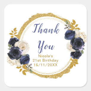 Navy Blue and Gold Elegant Flowers Birthday Square Sticker