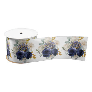 Navy Blue and Gold Elegant Flowers Satin Ribbon
