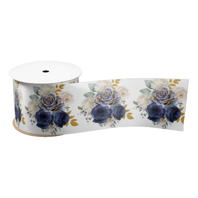 Navy Blue and Gold Elegant Flowers  Satin Ribbon (Spool)