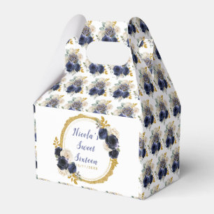 Navy Blue and Gold Elegant Flowers Sweet Sixteen Favour Box