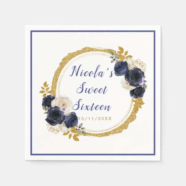 Navy Blue and Gold Elegant Flowers Sweet Sixteen Napkin (Front)