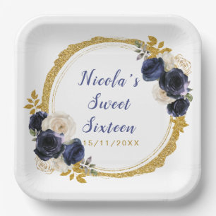 Navy Blue and Gold Elegant Flowers Sweet Sixteen Paper Plate