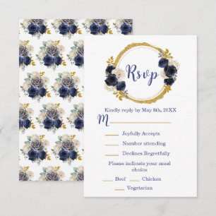 Navy Blue and Gold Elegant Flowers Sweet Sixteen RSVP Card