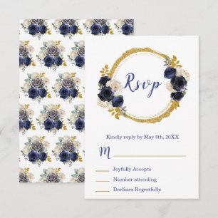 Navy Blue and Gold Elegant Flowers Sweet Sixteen RSVP Card