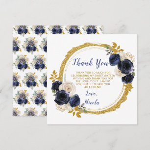 Navy Blue and Gold Elegant Flowers Sweet Sixteen Thank You Card