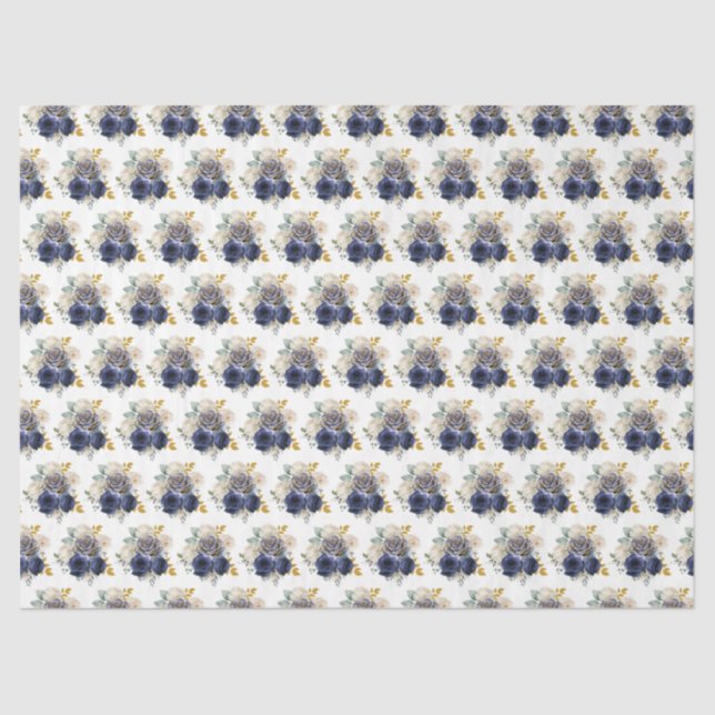 Navy Blue and Gold Elegant Flowers  Tissue Paper (Front)
