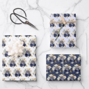 Navy Blue and Gold Elegant Flowers  Wrapping Paper Sheet