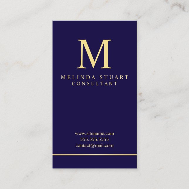 Navy Blue and Gold Elegant Monogram Business Card (Front)