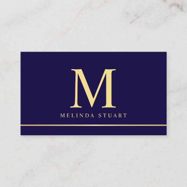 Navy Blue and Gold Elegant Monogram Business Card (Front)