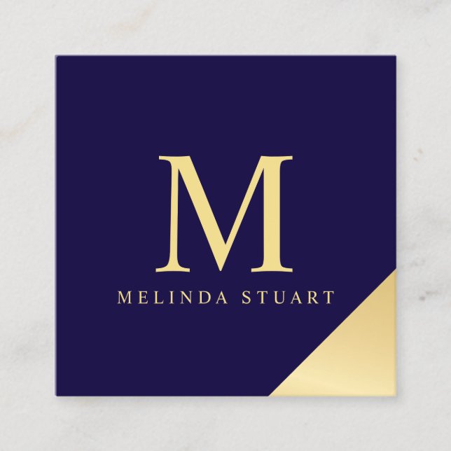 Navy Blue and Gold Elegant Monogram Square Business Card (Front)