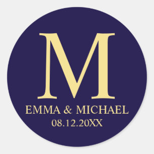 Navy Blue and Gold Elegant Monogram Wedding Favour Classic Round Sticker