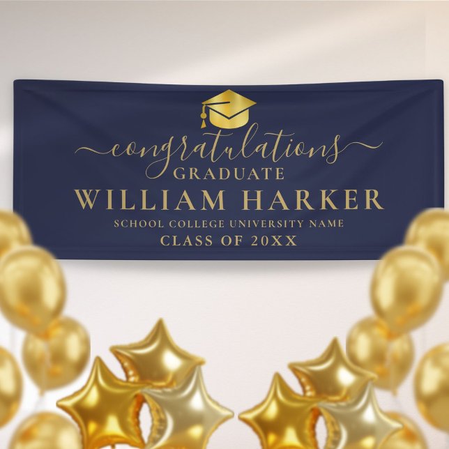 Navy Blue And Gold Elegant Script Graduation Banner (Creator Uploaded)