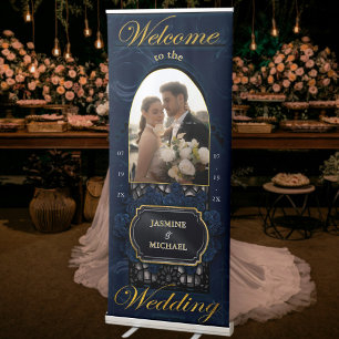 Navy Blue and Gold Elegant Welcome Wedding Photo  Retractable Banner