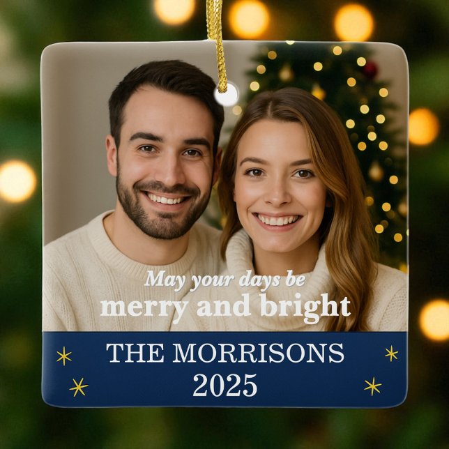 Navy Blue and Gold Family Photo Snowflake  Ceramic Ornament (Creator Uploaded)