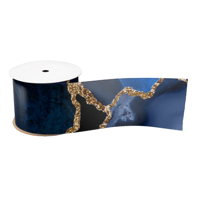 Navy Blue and Gold Faux Glitter Agate Satin Ribbon (Spool)