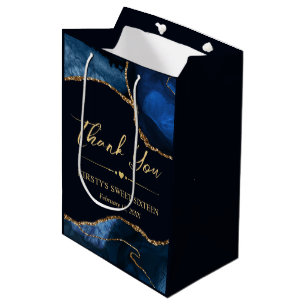 Navy Blue and Gold Faux Glitter Agate Sweet 16 Medium Gift Bag