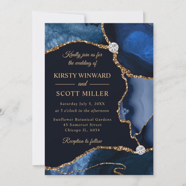 Navy Blue and Gold Faux Glitter Agate Wedding Invitation (Front)