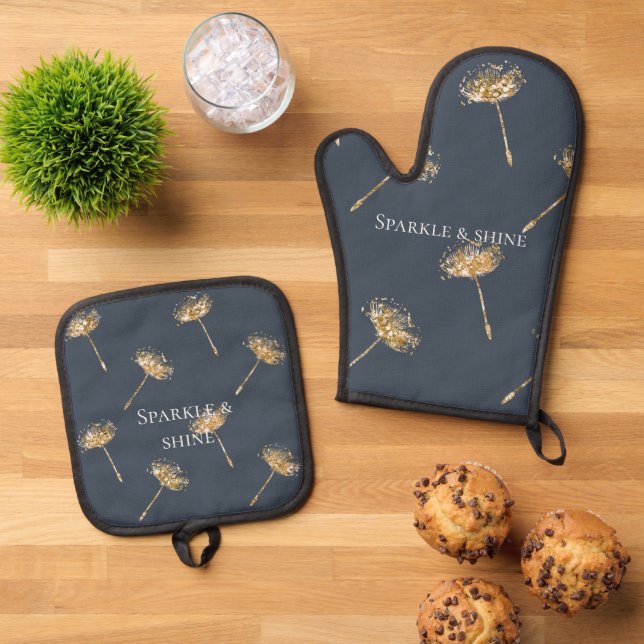 Navy Blue and Gold Faux Glitter Dandelion Flowers Oven Mitt & Pot Holder Set (Top Down)