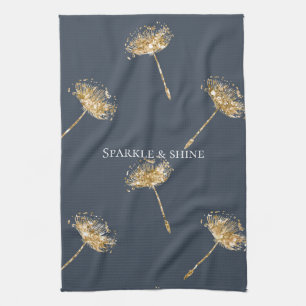 Navy Blue and Gold Faux Glitter Dandelion Flowers Tea Towel