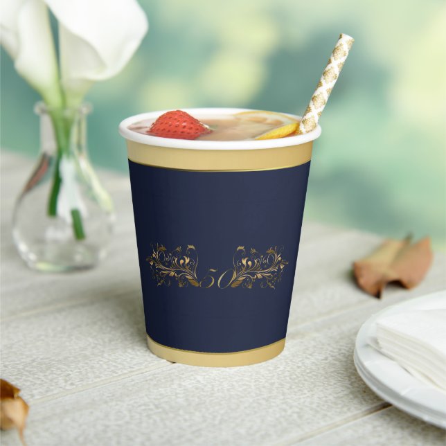 Navy Blue and Gold Fiftieth Wedding Anniversary Paper Cups (Insitu)