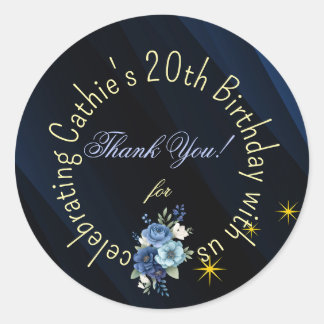 Navy Blue and Gold Floral 20th Birthday Favor Stic Classic Round Sticker