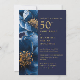 Navy Blue And Gold Floral 50th Anniversary Invitation