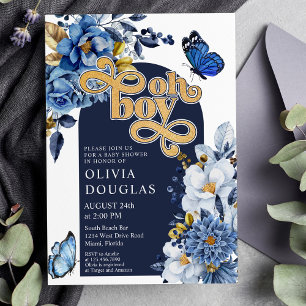 Navy Blue and Gold Floral Butterfly Baby Shower Invitation