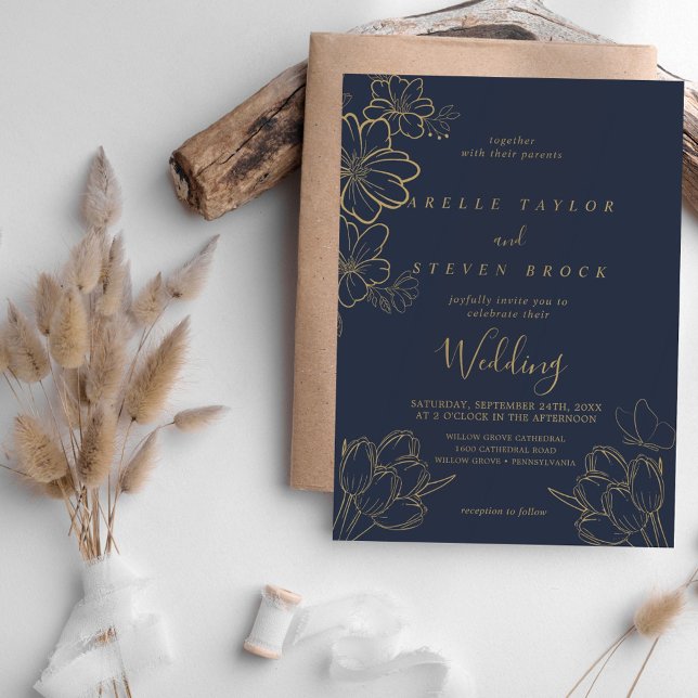 Navy Blue and Gold Floral Butterfly Wedding Invitation (Creator Uploaded)
