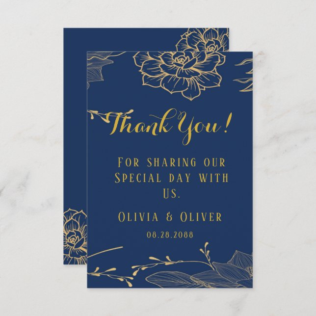 Navy Blue And Gold Floral Custom Wedding Thank You Card (Front/Back)