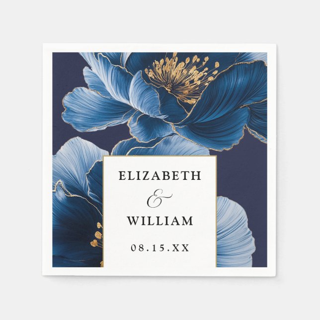 Navy Blue And Gold Floral Elegant Modern Wedding Napkin (Front)