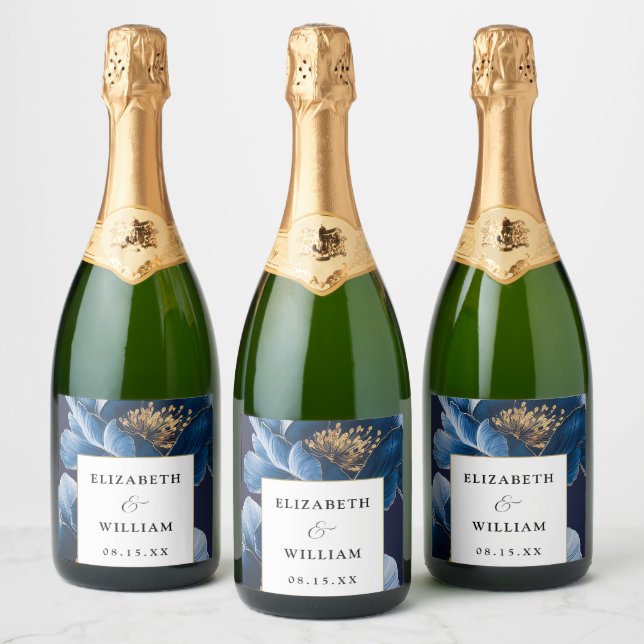 Navy Blue And Gold Floral Elegant Modern Wedding Sparkling Wine Label (Bottles)