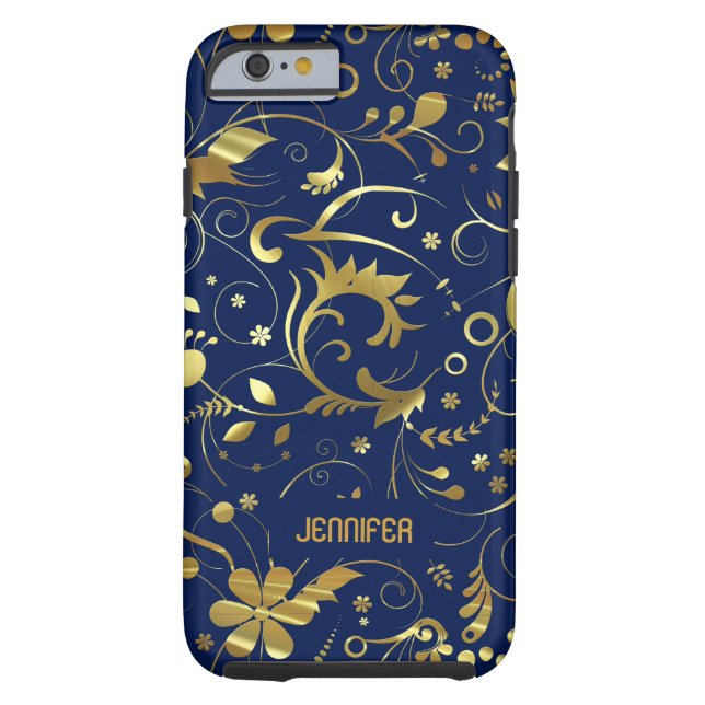 Navy Blue And Gold Floral Fabric Pattern Case-Mate iPhone Case (Back)