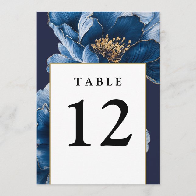 Navy Blue And Gold Floral Modern Table Numbers (Front)